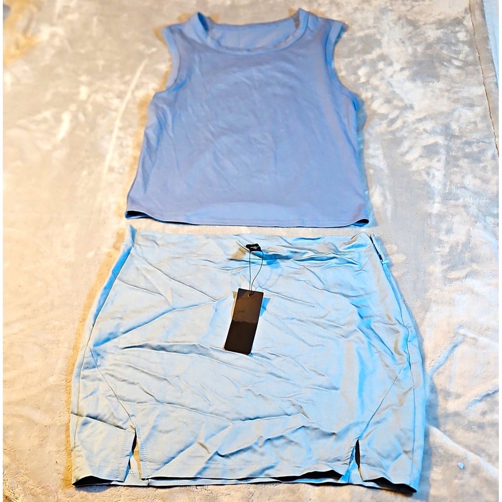 DROCK Womens 2 Piece Blue Tank Top & Skirt Set Knit Stretch Slit Size L